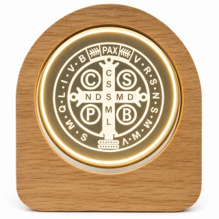 LUMINÁRIA DECORATIVA DE MADEIRA E VIDRO VIA CABO USB MODELO MEDALHA DE SÃO BENTO REF: AP7814YT-6FW