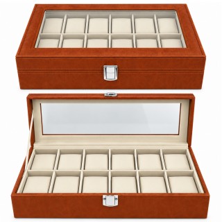 ESTOJO DE MADEIRA MDF COM VISOR DE VIDRO COBERTAS EXTERNAS EM COURO PARA 12 RELÓGIOS REF: AP769-12A