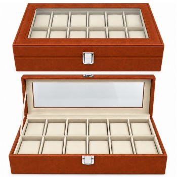 ESTOJO DE MADEIRA MDF COM VISOR DE VIDRO COBERTAS EXTERNAS EM COURO PARA 12 RELÓGIOS REF: AP769-12A
