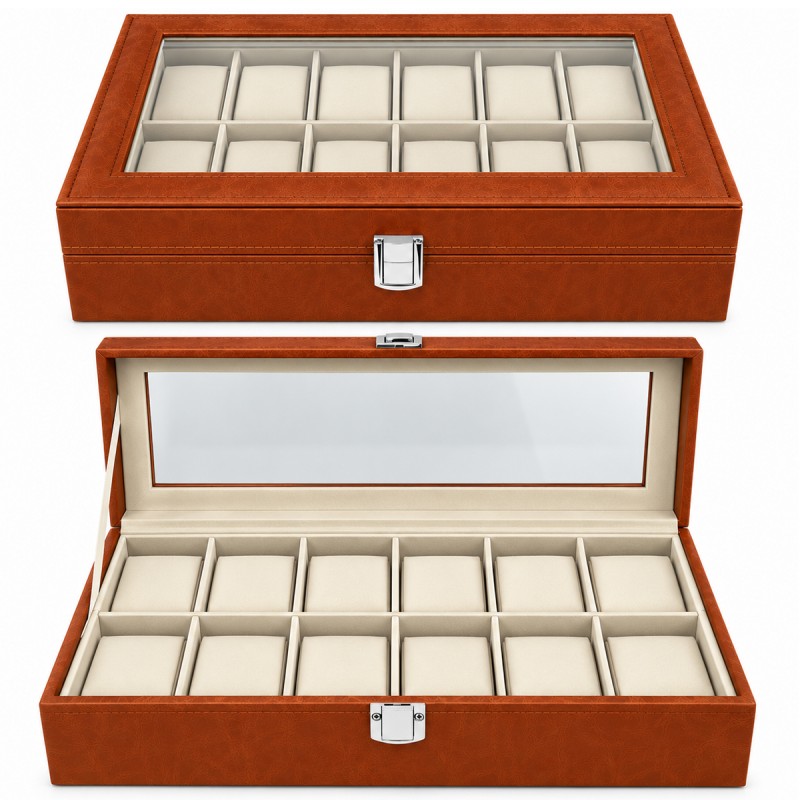 ESTOJO DE MADEIRA MDF COM VISOR DE VIDRO COBERTAS EXTERNAS EM COURO PARA 12 RELÓGIOS REF: AP769-12A ESTOJO DE MADEIRA MDF COM VISOR DE VIDRO COBERTAS EXTERNAS EM COURO PARA 12 RELÓGIOS REF: AP769-12A