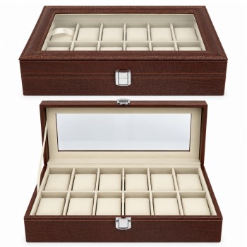ESTOJOS DE MADEIRA MDF COM VISOR DE VIDRO COBERTAS EXTERNA DE COURO PARA 12 RELÓGIOS REF: AP769-12B