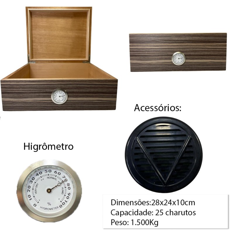 CAIXA DE CHARUTO P/15 PÇS C/ HIGRÔMETRO E UMIDIFICADOR. REF: VG258232