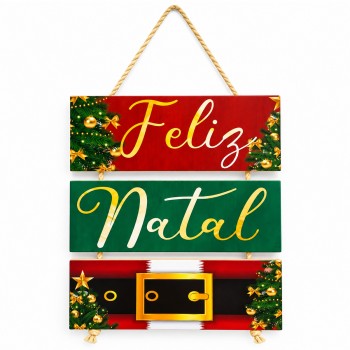 JOGO PLACAS DE MADEIRA COM CORDA MODELO FELIZ NATAL REF: JPL2104