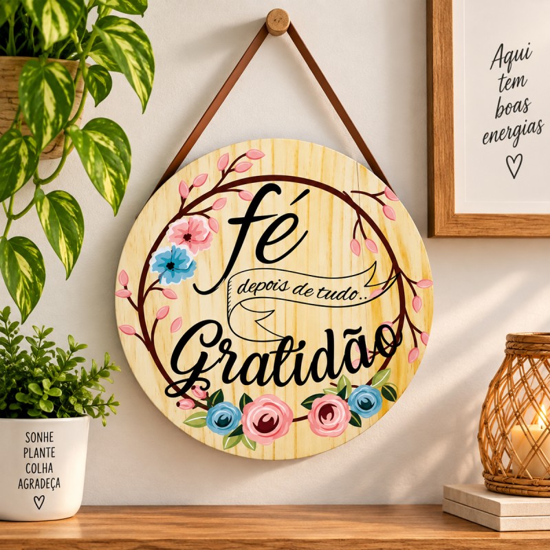 PLACA FÉ DEPOIS DE TUDO GRATIDÃO DE MADEIRA COM CORDA REF: JPL2128