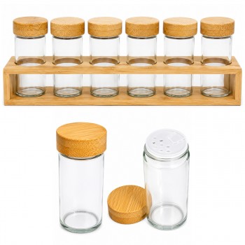 CONJUNTO 6 POTES DE VIDRO COM 1 BASE DE BAMBU REF: 7542