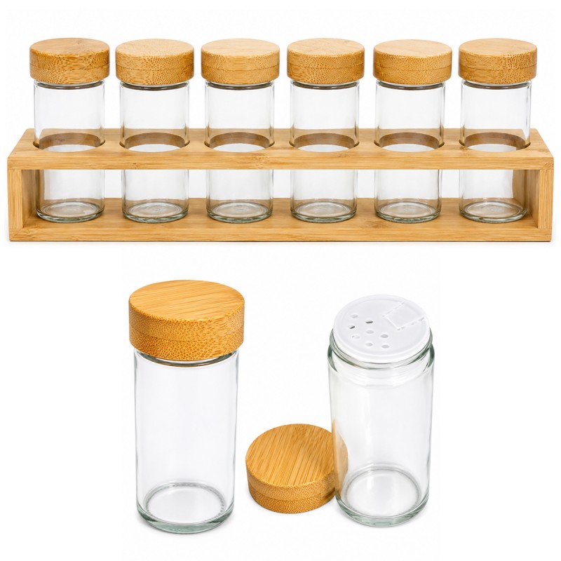 CONJUNTO 6 POTES DE VIDRO COM 1 BASE DE BAMBU REF: 7542 CONJUNTO 6 POTES DE VIDRO COM 1 BASE DE BAMBU REF: 7542