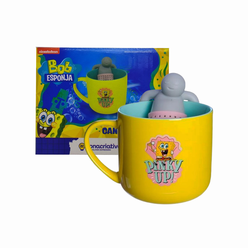 CANECA COM INFUSOR MODELO BOB ESPONJA EM CERÂMICA 350ML REF: 10025190