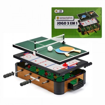 JOGO 3 EM 1 "PING-PONG, PEBOLIM, HOCKEY DE MESA" EM MDF E INOX REF: 10100035