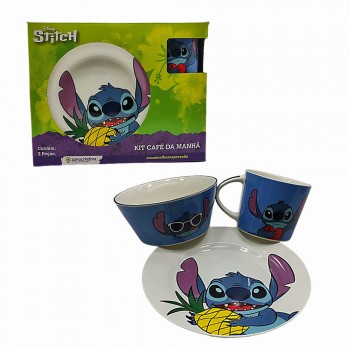KIT CAFÉ DA MANHÃ COM PRATO, CANECA E BOWL MODELO STITCH EM CERÂMICA REF: 10025659