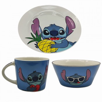 KIT CAFÉ DA MANHÃ COM PRATO, CANECA E BOWL MODELO STITCH EM CERÂMICA REF: 10025659