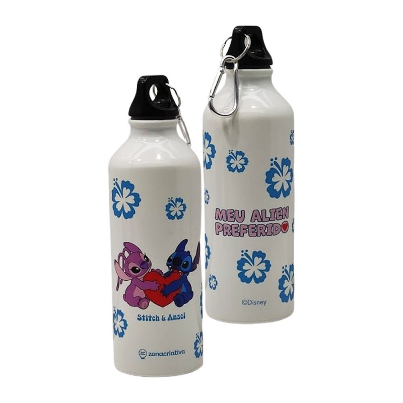 GARRAFA  MOSQUETÃO  MODELO STITCH NAMORADOS EM ALUMÍNIO 500ML REF: 10073259
