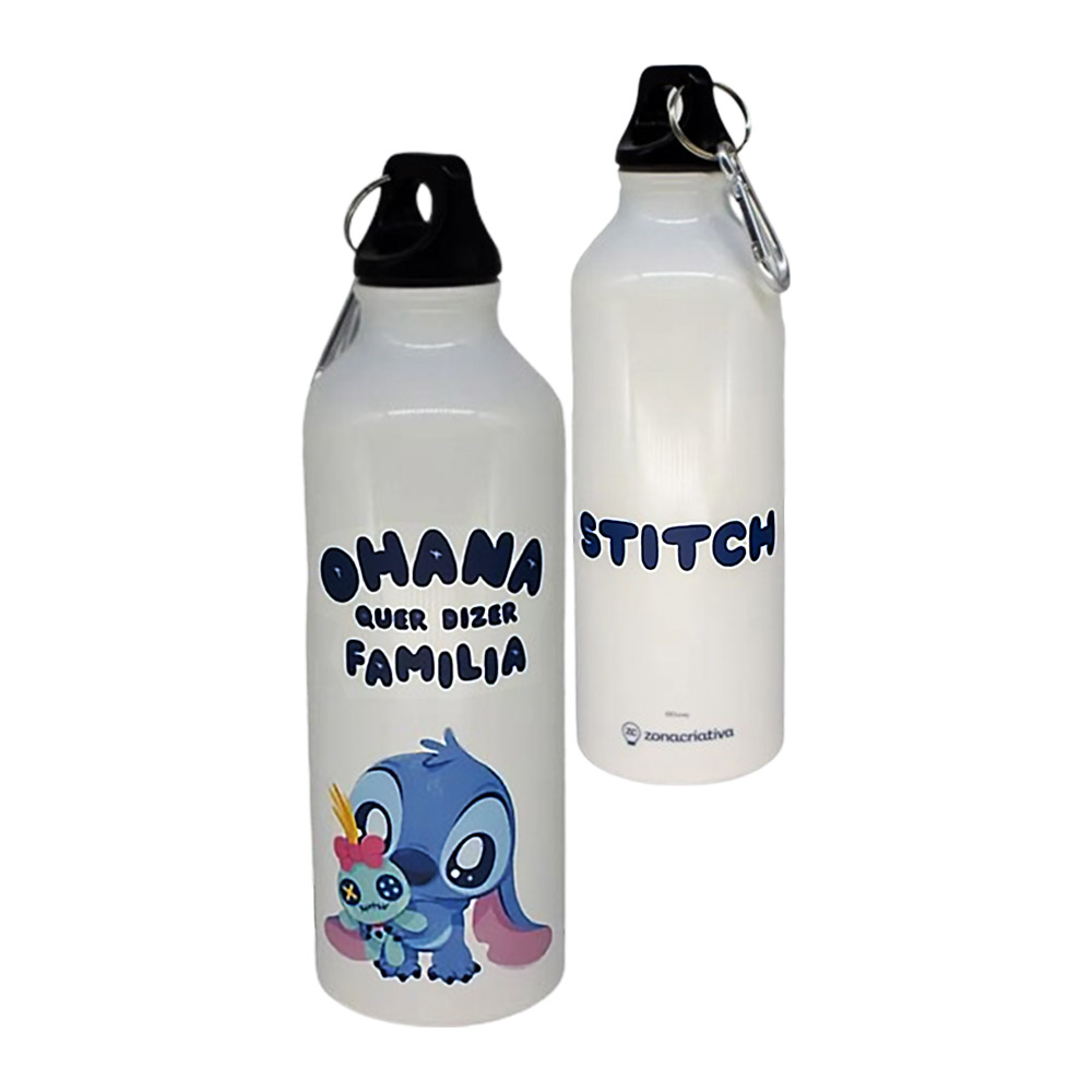 GARRAFA DE ALUMÍNIO BRANCO MODELO STITCH CUTE COM MOSQUETÃO 500ML REF: 10073261