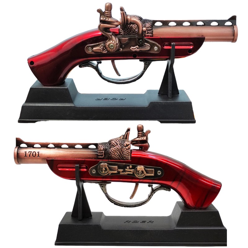 ISQUEIRO MAÇARICO DECORATIVO MODELO ARMA DE METAL E SUPORTE DE PLÁSTICO REF: FL1701