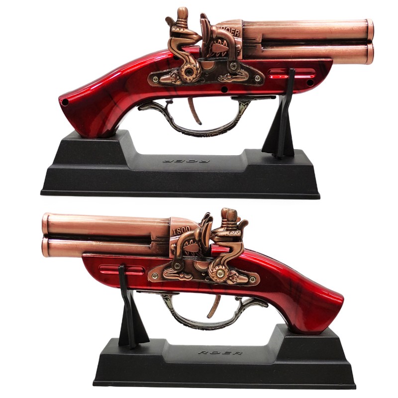 ISQUEIRO MAÇARICO DECORATIVO MODELO ARMA DE METAL E SUPORTE DE PLÁSTICO REF: FL1800