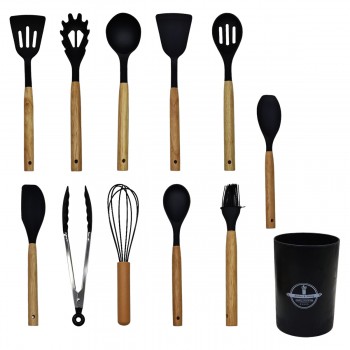 KIT UTENCÍLIOS DE COZINHA COLHERES DE SILICONE CABO EM MEDEIRA CONTÉM 12 PEÇAS EM REF: 30234