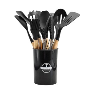 KIT UTENCÍLIOS DE COZINHA COLHERES DE SILICONE CABO EM MEDEIRA CONTÉM 12 PEÇAS EM REF: 30234