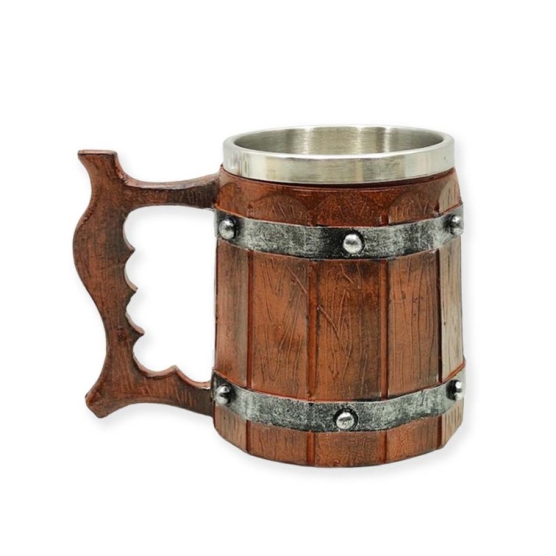 CANECA MEDIEVAL MODELO BARRIL EM METAL E INOX REVESTIDA DE RESINA REF: AP23006B