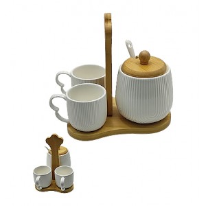 JOGO DE XÍCARA PARA CAFÉ E AÇUCAR EM CERÂMICA COM BASE EM BAMBU REF: PCLN235 JOGO DE XÍCARA PARA CAFÉ E AÇUCAR EM CERÂMICA COM BASE EM BAMBU REF: PCLN235