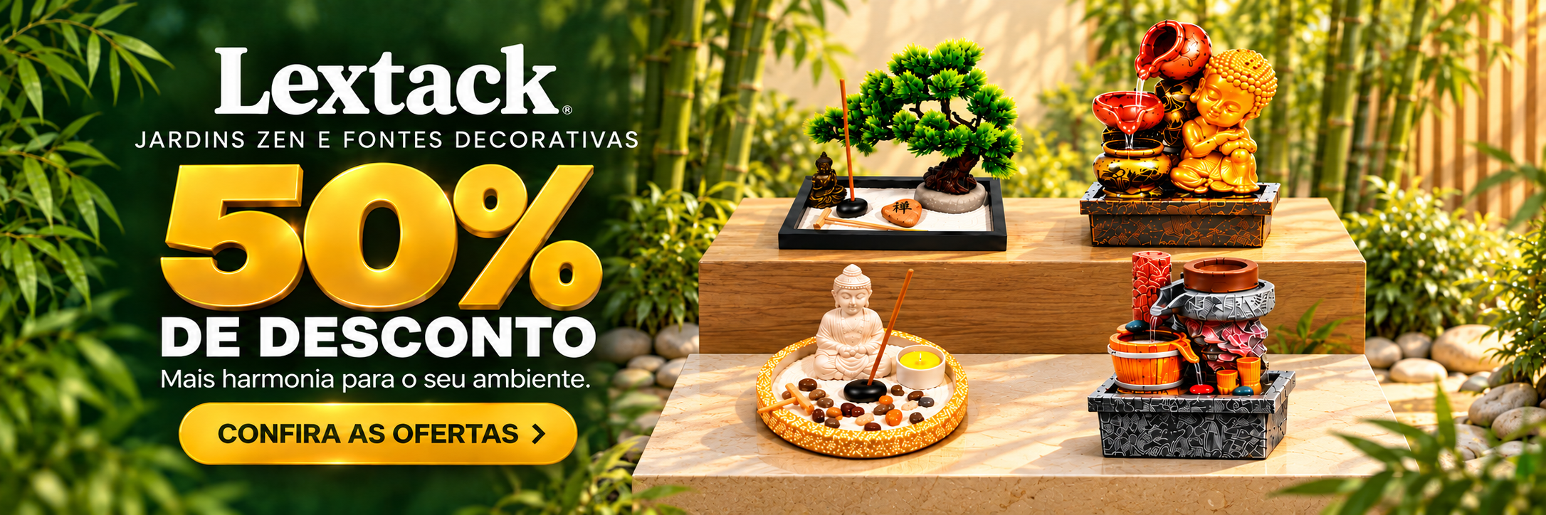 Jardins zen e fontes decorativas com 50% de desconto — Promoções Exclusivas Lextack